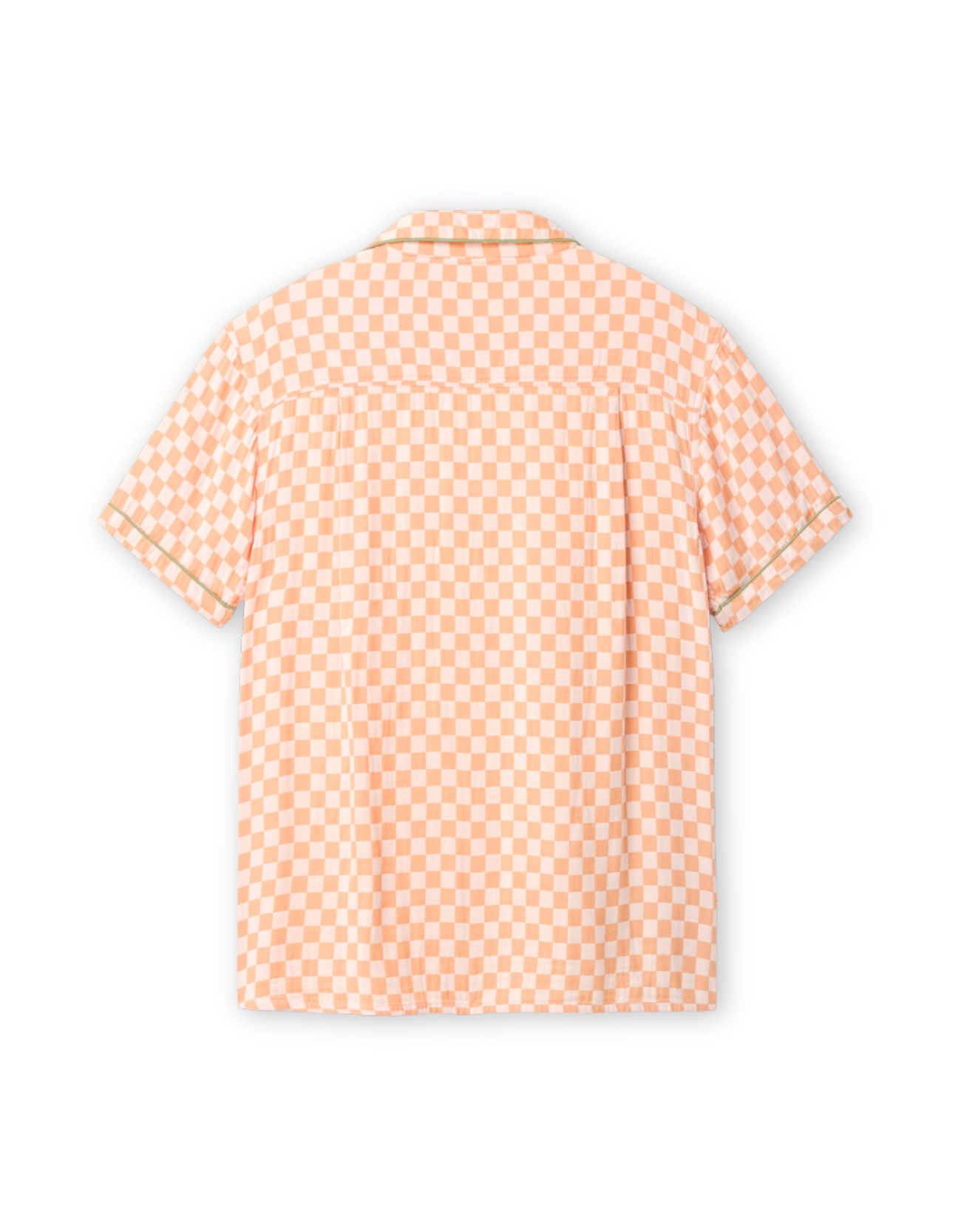 Orange checkered shirt on a light background with green piping back lay down