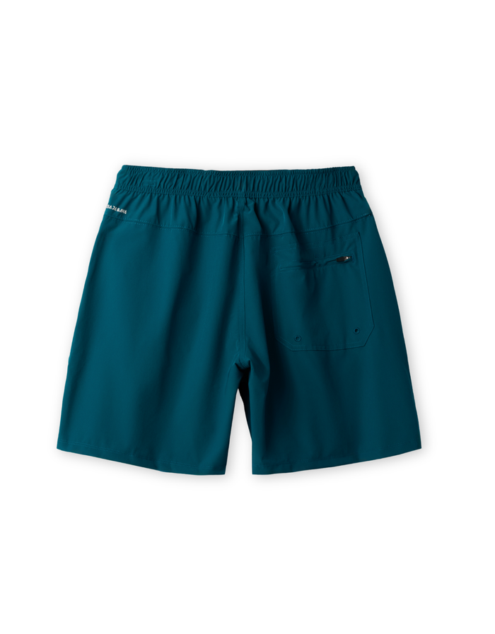 Back view of Baja Llama Relaxplorations Blue Coral Athleisure Shorts in dark teal blue featuring a zippered back pocket