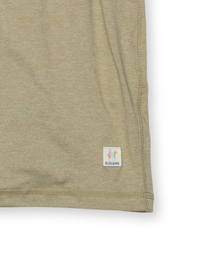 Close-up of light brown athletic shorts with a brand logo on a white background