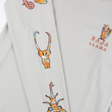 Baja Llama light desert-themed long sleeve tee with snake and Joshua tree back graphic. Soft cotton with printed sleeve details.