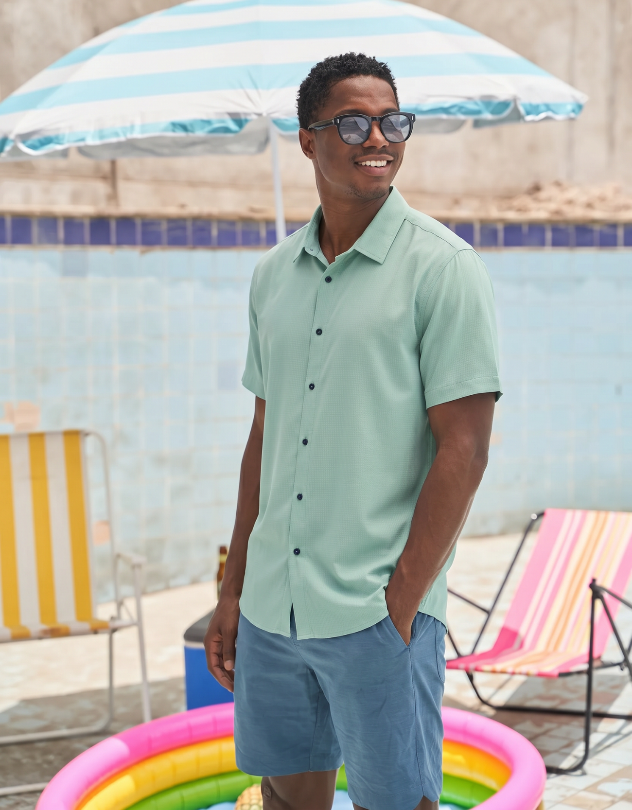 Clean modern travel shirt in solid color performance fabric