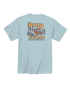 Bus Experience graphic tee by Baja Llama. Light teal tee with a retro bus design. Soft fabric and relaxed fit, perfect for laid-back, adventurous style.