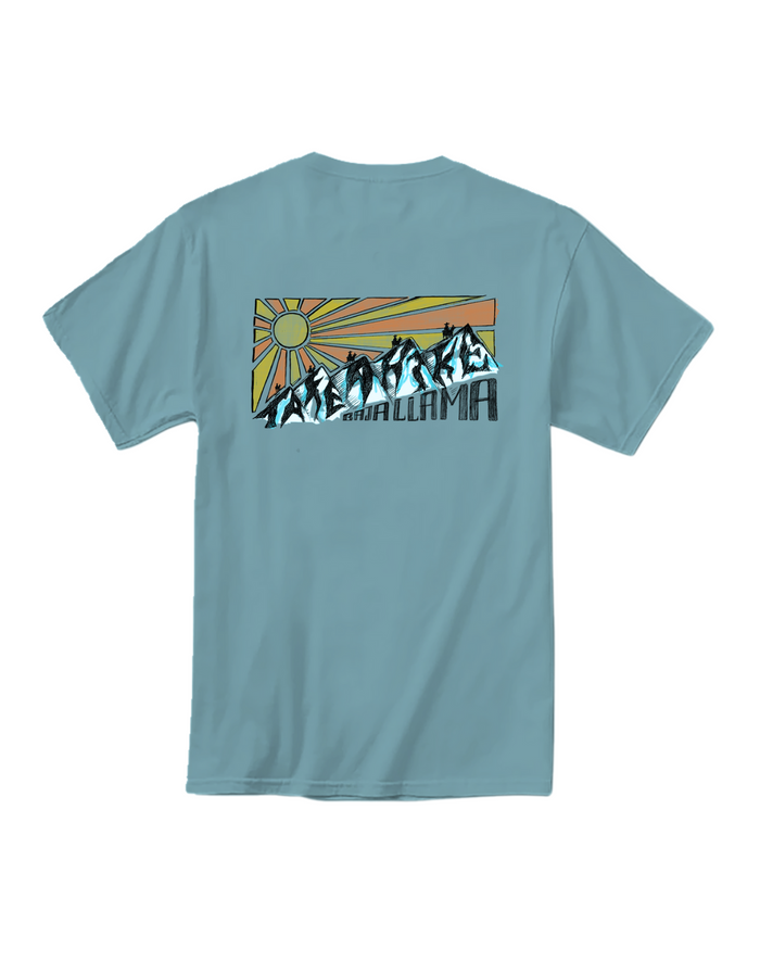 Back flat lay of light blue Take A Hike Primo tee with mountain sunburst graphic