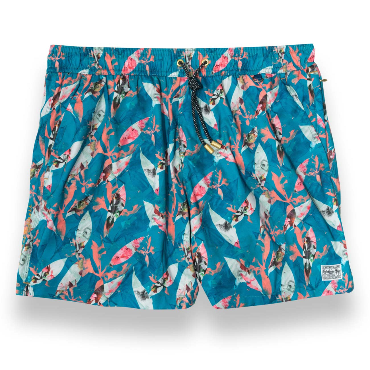 Turquoise floral men's volley shorts with retro print of woman surfing.