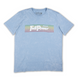 Men’s vintage-washed blue graphic t-shirt with ‘Full Power’ retro typography and colorful striped design. Soft cotton, casual fit, and perfect for everyday wear. Baja Llama adventure-inspired apparel.