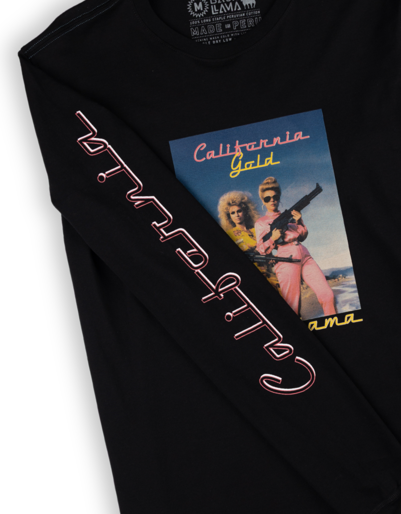 Baja Llama black long sleeve tee featuring a bold retro photo graphic with “California Gold” text. Vintage-inspired design with attitude.
