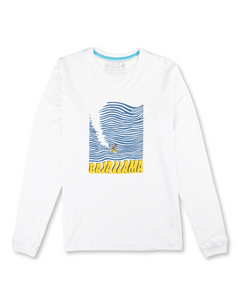Baja Llama white long sleeve tee with bold wave graphic and yellow Baja Llama logo. Lightweight and perfect for laid-back surf vibes.