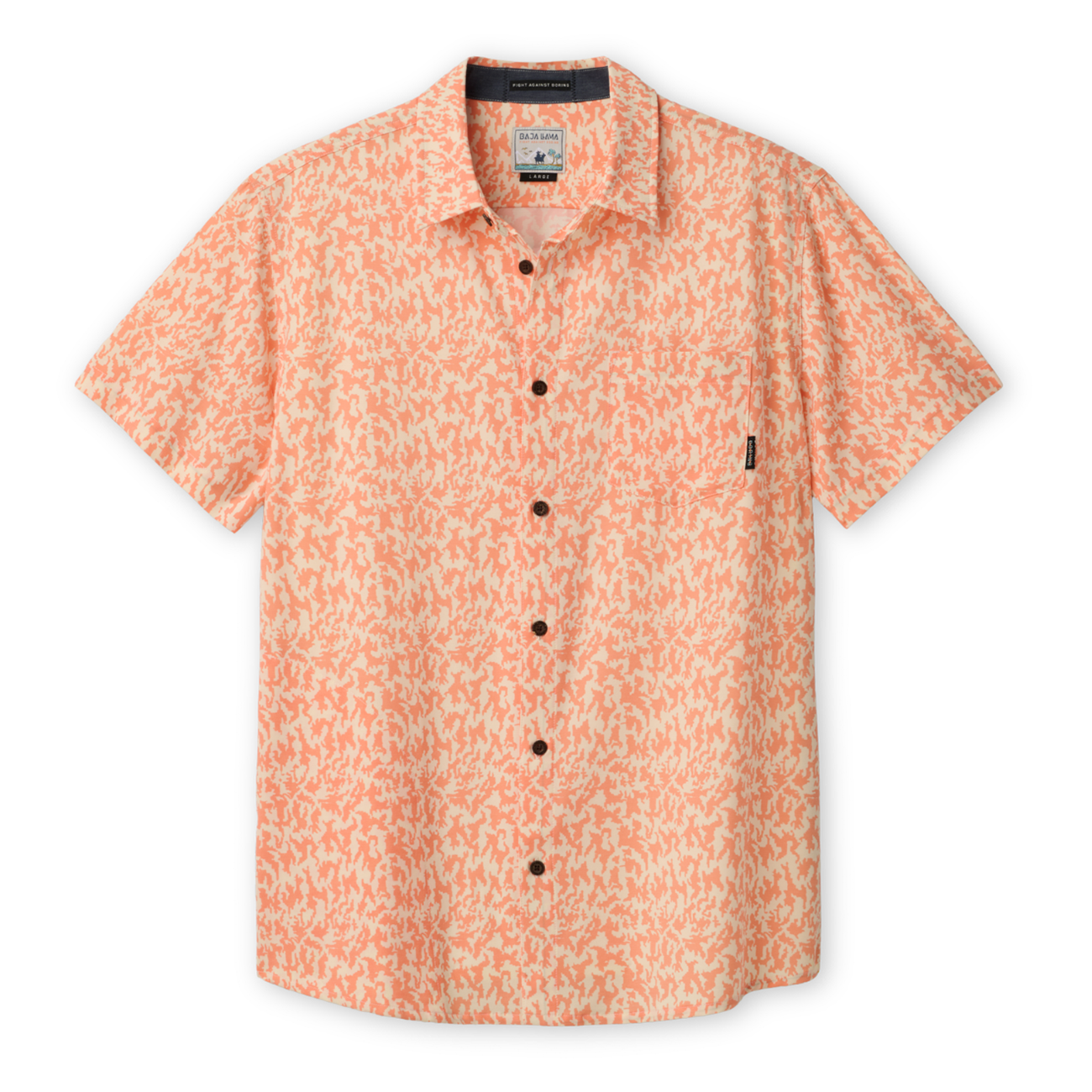 Front view of the Baja Llama A Swarm of Erratic Animals Vagabond button-up shirt in orange, featuring a unique animal-themed pattern and a chest pocket.