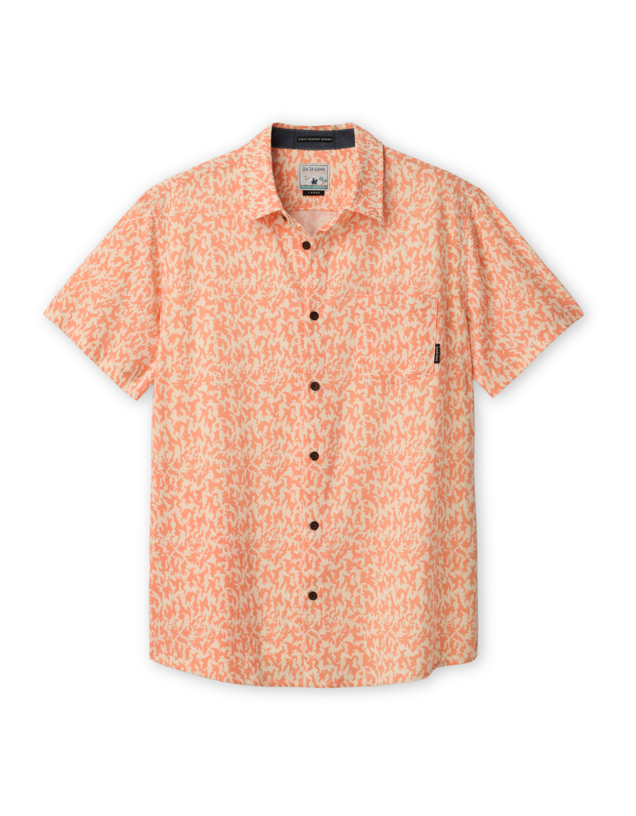 Front view of the Baja Llama A Swarm of Erratic Animals Vagabond button-up shirt in orange, featuring a unique animal-themed pattern and a chest pocket.