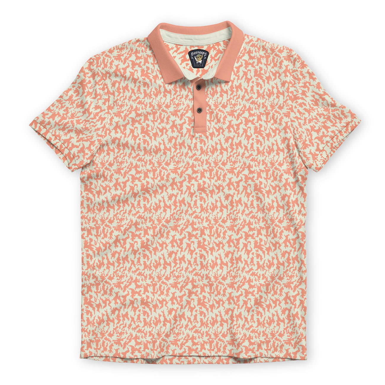 Front flat-lay view of the Baja Llama A Swarm of Erratic Animals Orange Clay Swingers Performance Polo, featuring an all-over animal-inspired abstract print with a solid orange collar and button placket.
