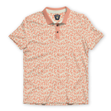 Front flat-lay view of the Baja Llama A Swarm of Erratic Animals Orange Clay Swingers Performance Polo, featuring an all-over animal-inspired abstract print with a solid orange collar and button placket.