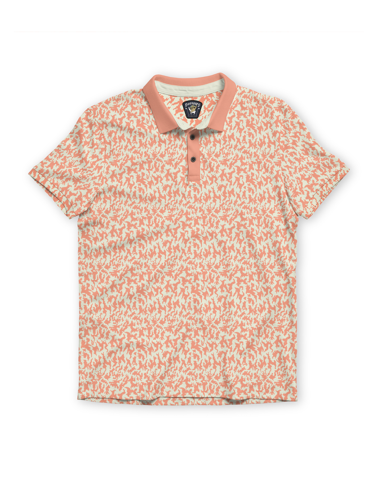 Front flat-lay view of the Baja Llama A Swarm of Erratic Animals Orange Clay Swingers Performance Polo, featuring an all-over animal-inspired abstract print with a solid orange collar and button placket.