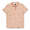Front flat-lay view of the Baja Llama A Swarm of Erratic Animals Orange Clay Swingers Performance Polo, featuring an all-over animal-inspired abstract print with a solid orange collar and button placket.