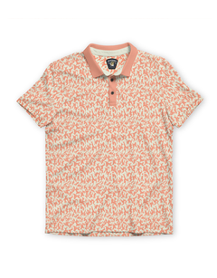 Front flat-lay view of the Baja Llama A Swarm of Erratic Animals Orange Clay Swingers Performance Polo, featuring an all-over animal-inspired abstract print with a solid orange collar and button placket.