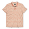 Front flat-lay view of the Baja Llama A Swarm of Erratic Animals Orange Clay Swingers Performance Polo, featuring an all-over animal-inspired abstract print with a solid orange collar and button placket.
