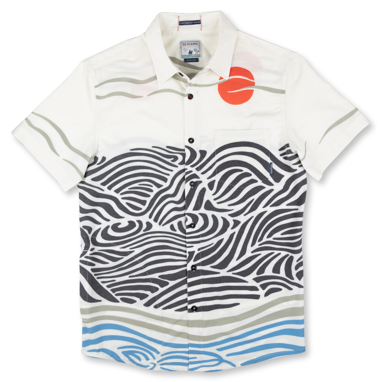 Baja Llama Button-up with Japanese inspired abstract black-and-white landscape and sun graphic. Sleek, bold, and artistic.