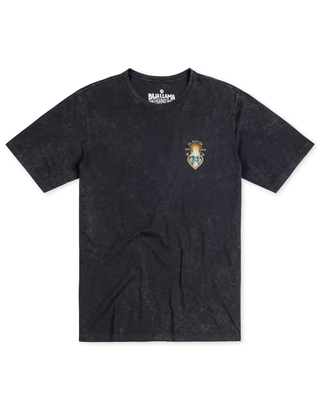 Agave El Sativo acid wash black graphic tee by Baja Llama. Collaboration with El Sativo organic tequila featuring a bold teal agave plant with El Sativo branding. Soft fabric and relaxed fit for adventurous style.