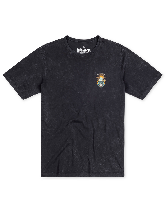 Front flat lay of Agave El Sativo black acid wash Primo tee with El Sativo chest graphic