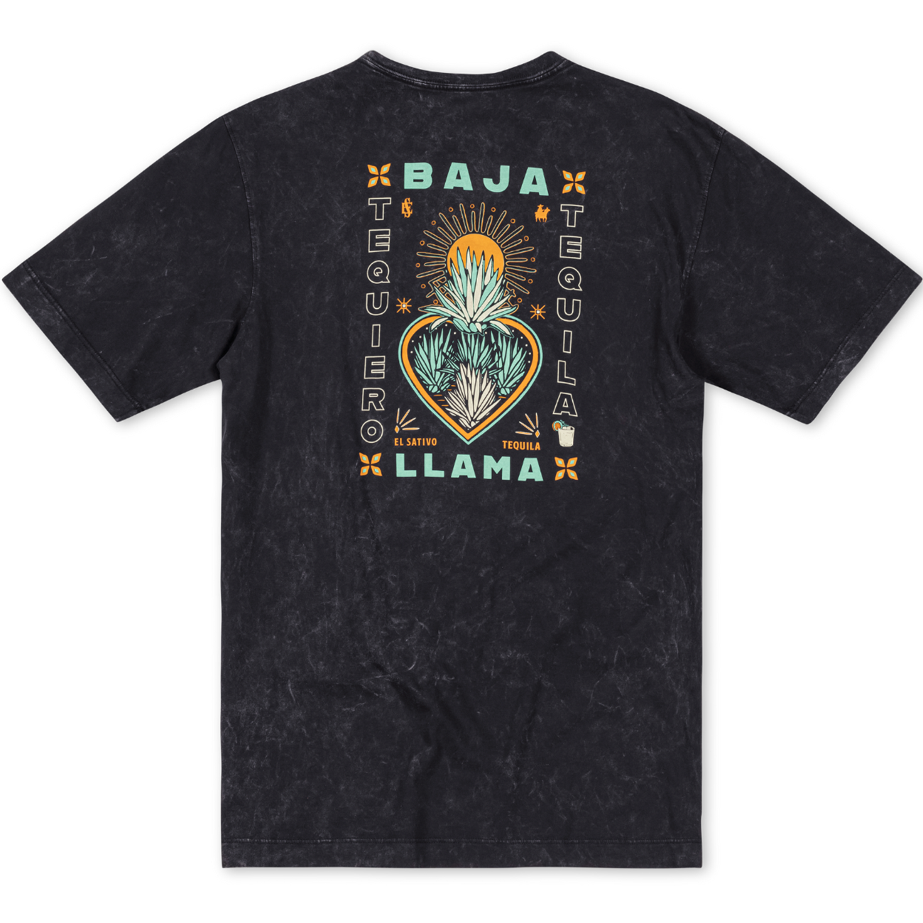 Agave El Sativo acid wash black graphic tee by Baja Llama. Collaboration with El Sativo organic tequila featuring a bold teal agave plant with El Sativo branding. Soft fabric and relaxed fit for adventurous style.