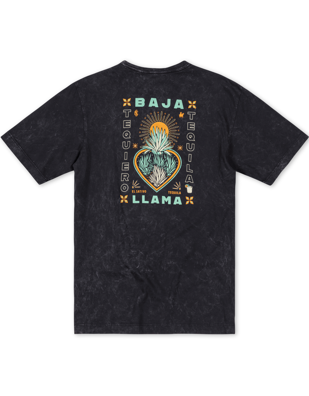 Agave El Sativo acid wash black graphic tee by Baja Llama. Collaboration with El Sativo organic tequila featuring a bold teal agave plant with El Sativo branding. Soft fabric and relaxed fit for adventurous style.