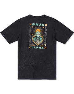 Agave El Sativo acid wash black graphic tee by Baja Llama. Collaboration with El Sativo organic tequila featuring a bold teal agave plant with El Sativo branding. Soft fabric and relaxed fit for adventurous style.