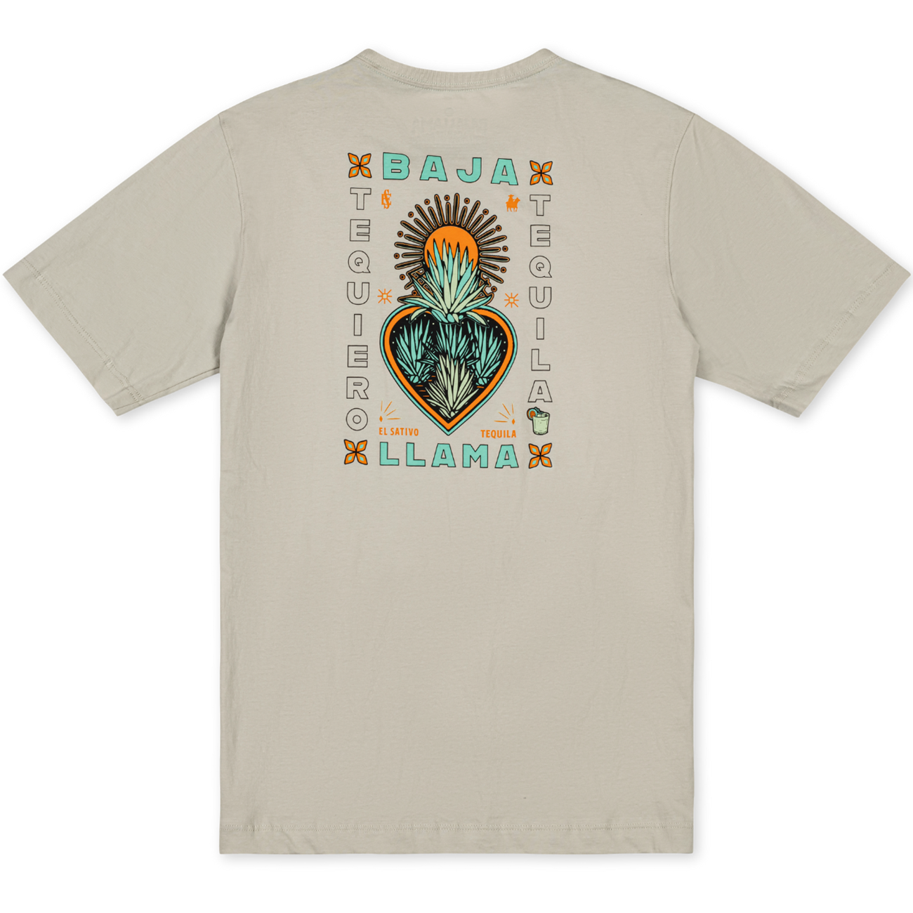 Close-up of the Baja Llama Agave El Sativo Cream Primo graphic tee featuring a colorful agave heart chest design.