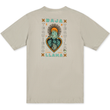 Close-up of the Baja Llama Agave El Sativo Cream Primo graphic tee featuring a colorful agave heart chest design.