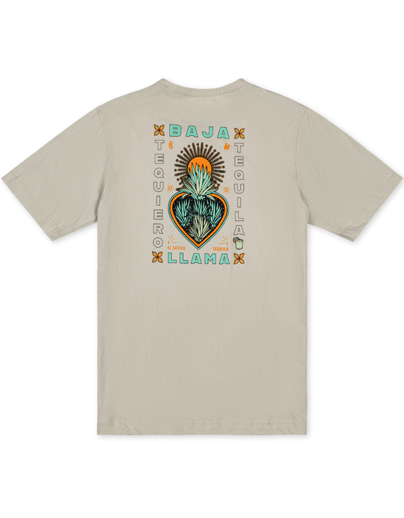 Close-up of the Baja Llama Agave El Sativo Cream Primo graphic tee featuring a colorful agave heart chest design.