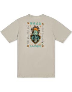 Close-up of the Baja Llama Agave El Sativo Cream Primo graphic tee featuring a colorful agave heart chest design.