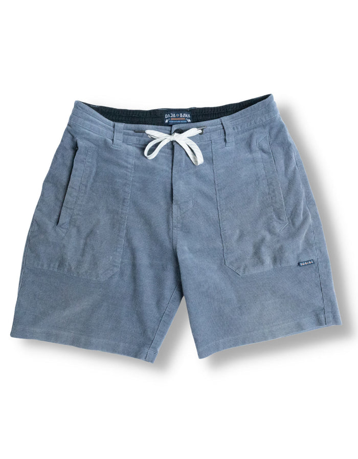 Front flat lay of steel blue Arroyo stretch corduroy walkshorts with white drawstring and patch pockets