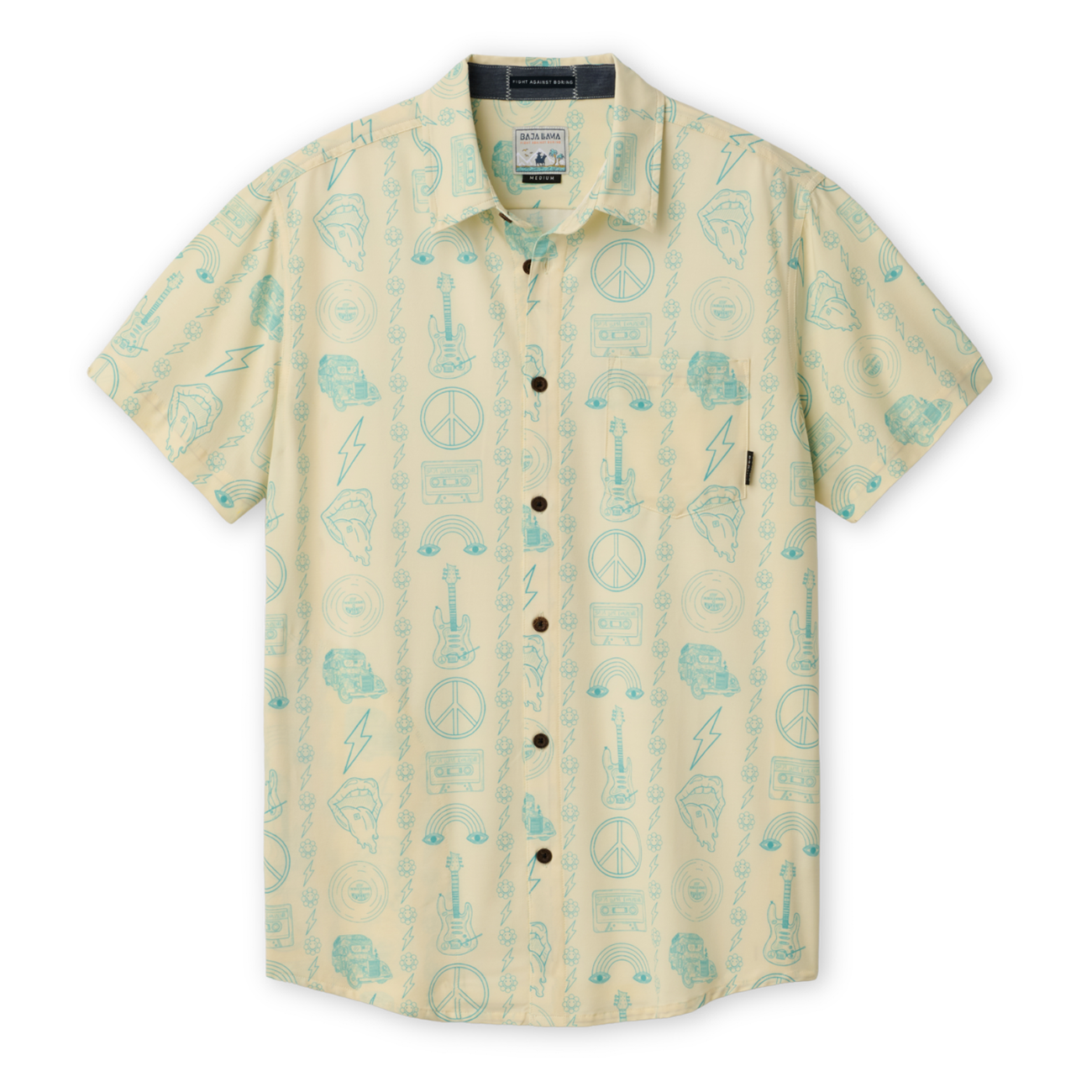 Baja Llama Backstage Pass Vagabond short-sleeve button-up shirt in yellow with a blue patterned print of guitars, peace signs, and music icons.