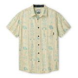 Baja Llama Backstage Pass Vagabond short-sleeve button-up shirt in yellow with a blue patterned print of guitars, peace signs, and music icons.