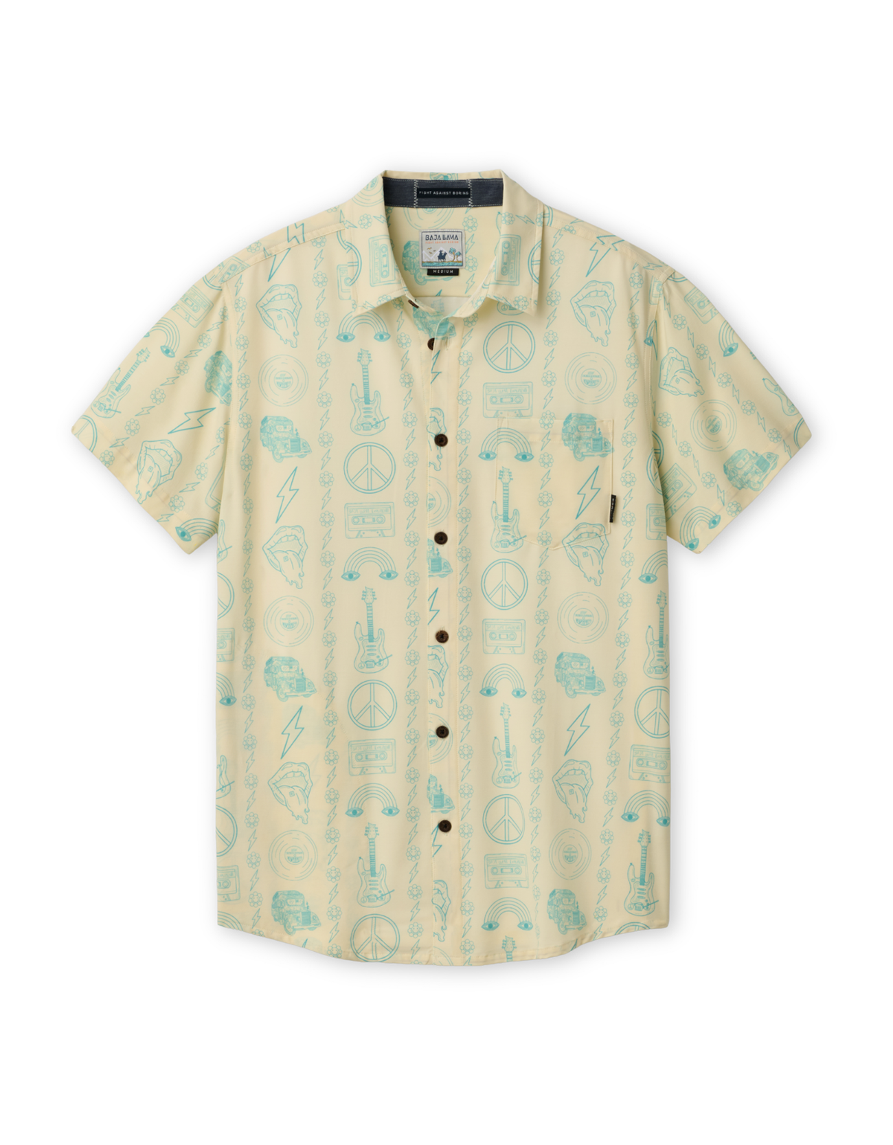 Baja Llama Backstage Pass Vagabond short-sleeve button-up shirt in yellow with a blue patterned print of guitars, peace signs, and music icons.