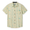 Baja Llama Backstage Pass Vagabond short-sleeve button-up shirt in yellow with a blue patterned print of guitars, peace signs, and music icons.