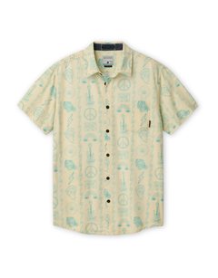 Baja Llama Backstage Pass Vagabond short-sleeve button-up shirt in yellow with a blue patterned print of guitars, peace signs, and music icons.