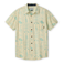 Baja Llama Backstage Pass Vagabond short-sleeve button-up shirt in yellow with a blue patterned print of guitars, peace signs, and music icons.