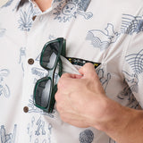 Men’s button up with sunglass holder chest label