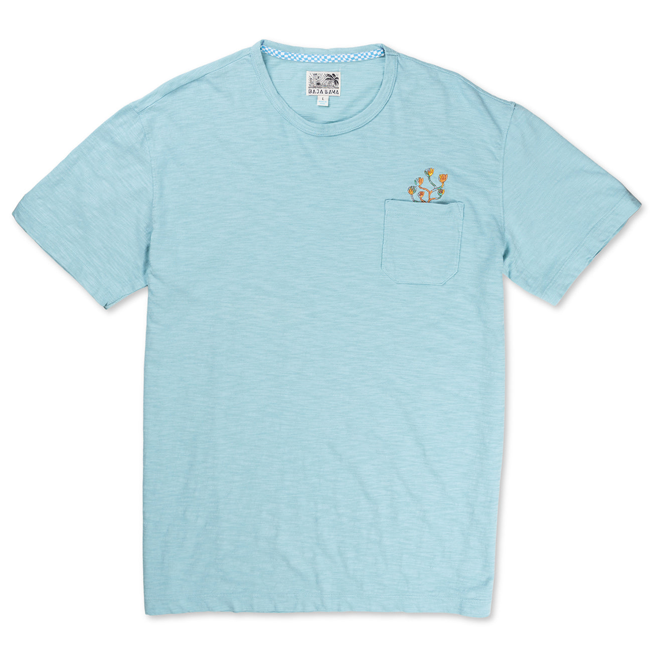 Front flat-lay view of the Baja Llama El Sativo Cacti Pima Slub Pocket Tee, featuring a light porcelain blue crewneck t-shirt with a left chest pocket topped with a small embroidered orange and green cactus graphic.