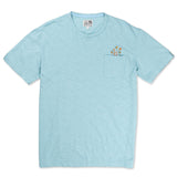 Front flat-lay view of the Baja Llama El Sativo Cacti Pima Slub Pocket Tee, featuring a light porcelain blue crewneck t-shirt with a left chest pocket topped with a small embroidered orange and green cactus graphic.