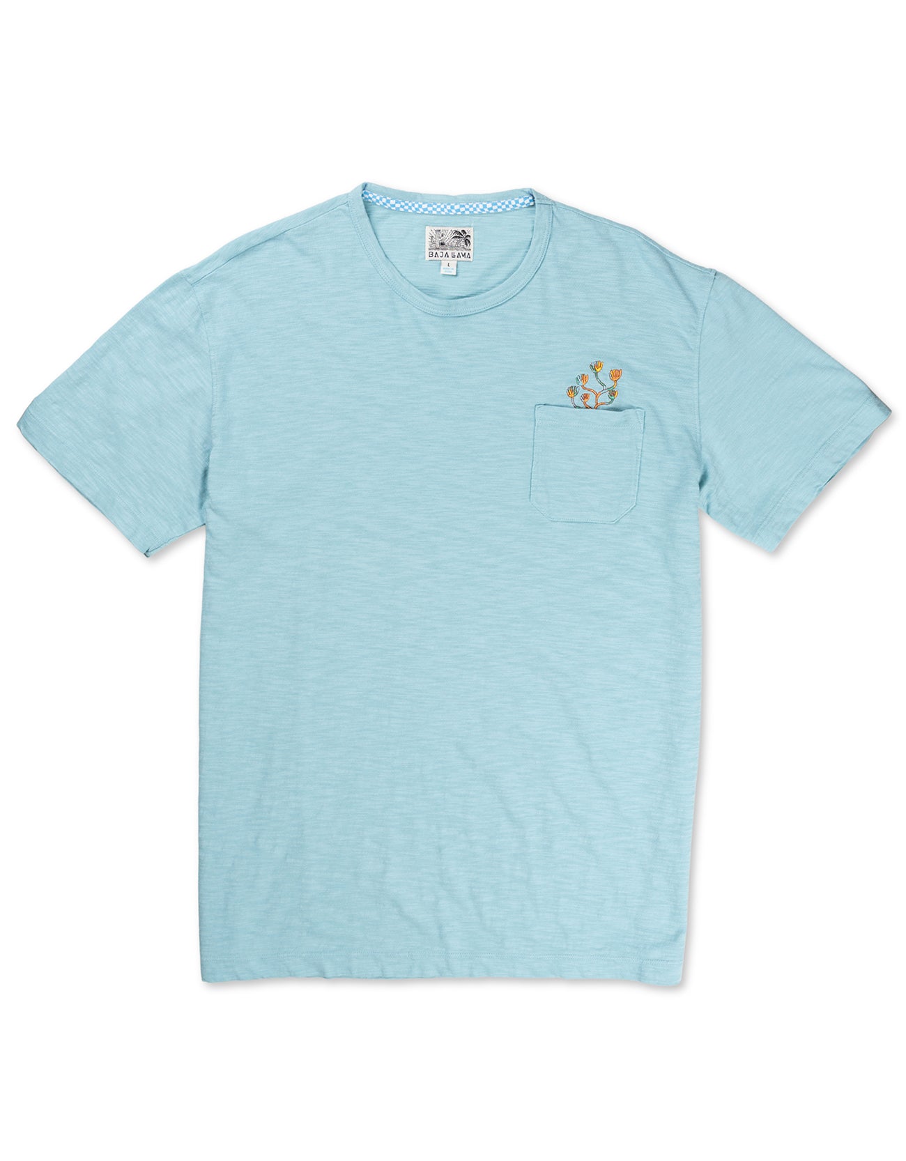 Front flat-lay view of the Baja Llama El Sativo Cacti Pima Slub Pocket Tee, featuring a light porcelain blue crewneck t-shirt with a left chest pocket topped with a small embroidered orange and green cactus graphic.