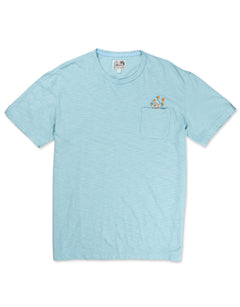 Front flat-lay view of the Baja Llama El Sativo Cacti Pima Slub Pocket Tee, featuring a light porcelain blue crewneck t-shirt with a left chest pocket topped with a small embroidered orange and green cactus graphic.