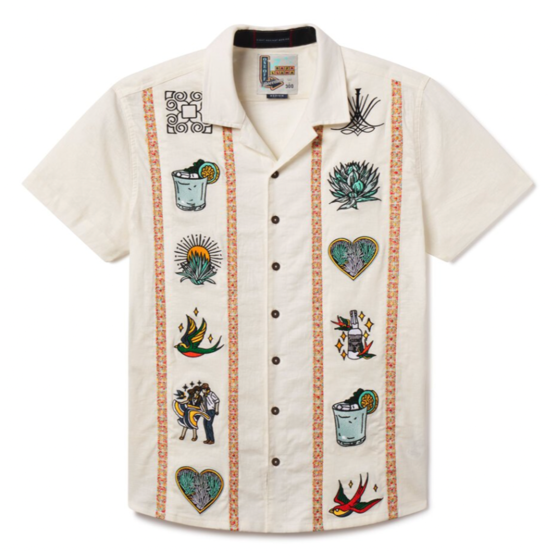 Baja Llama El Sativo Tequila Guayabera button up shirt with embroidered details