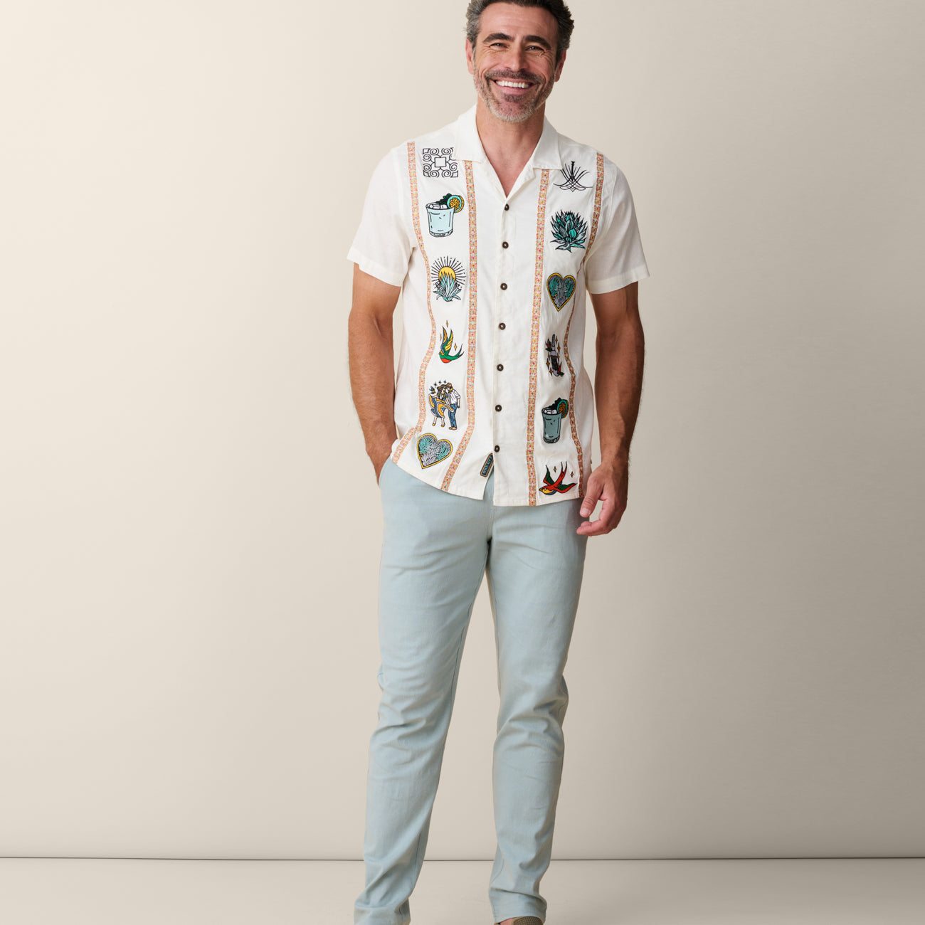 Baja Llama El Sativo Tequila Guayabera button up shirt with embroidered details