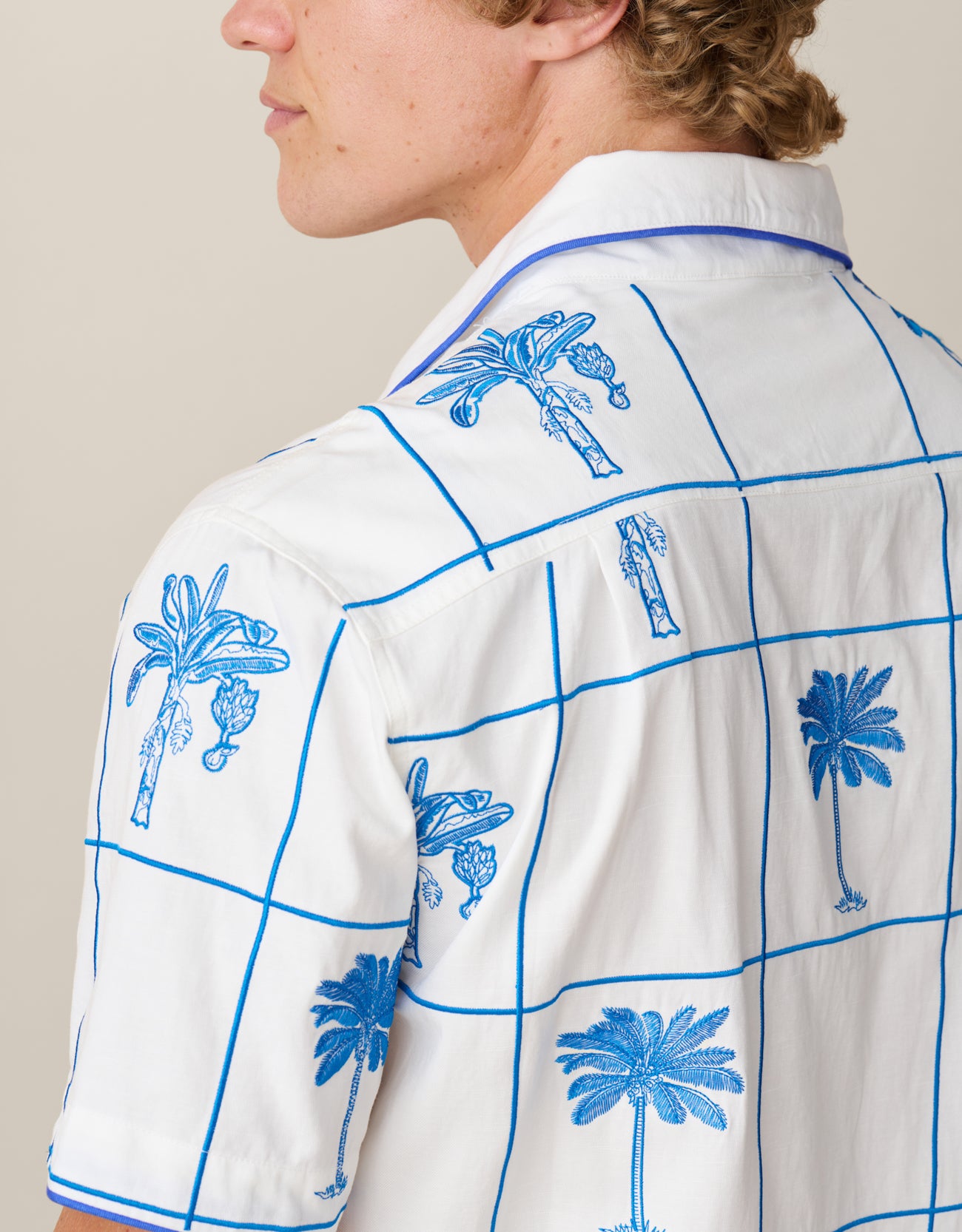 Camp collar shirt with fully embroidered palm trees and piping