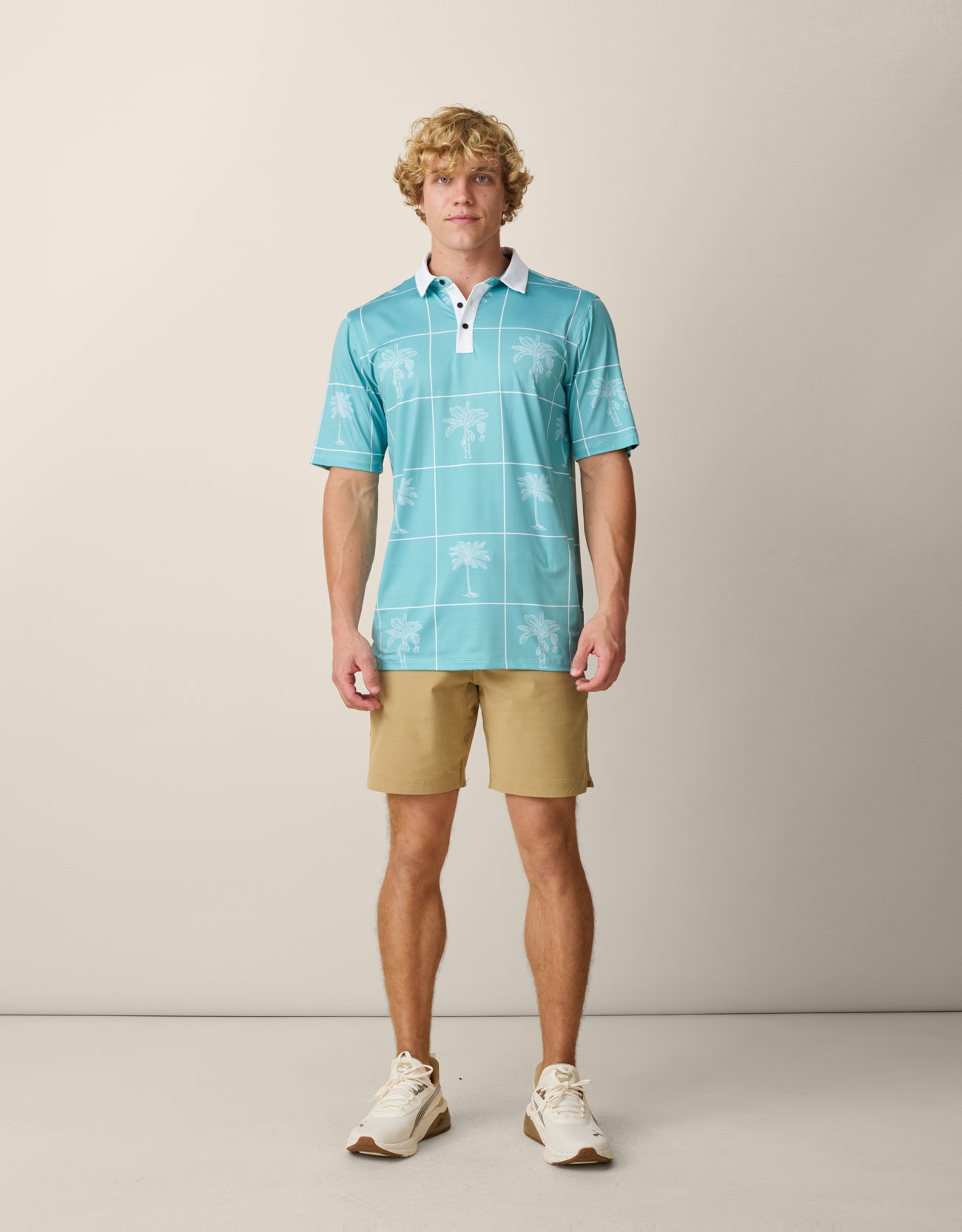 Men’s palm green performance golf polo with white palm tree print