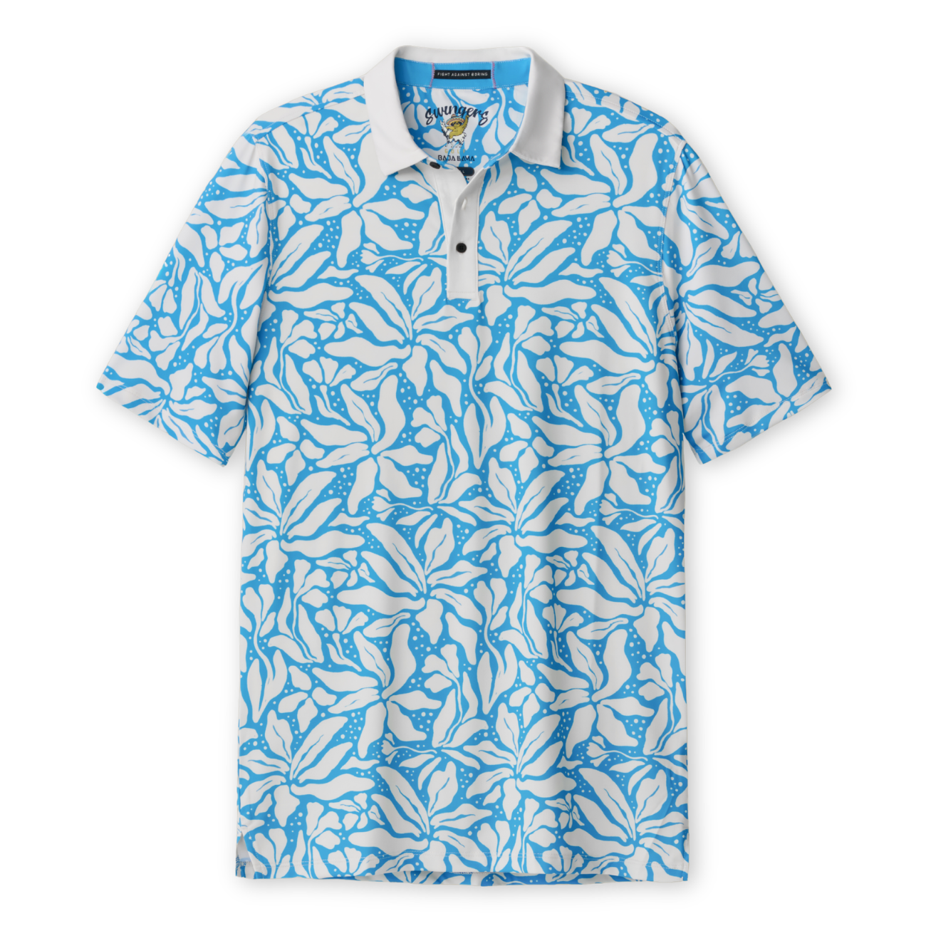 Men’s blue tropical performance golf polo front view