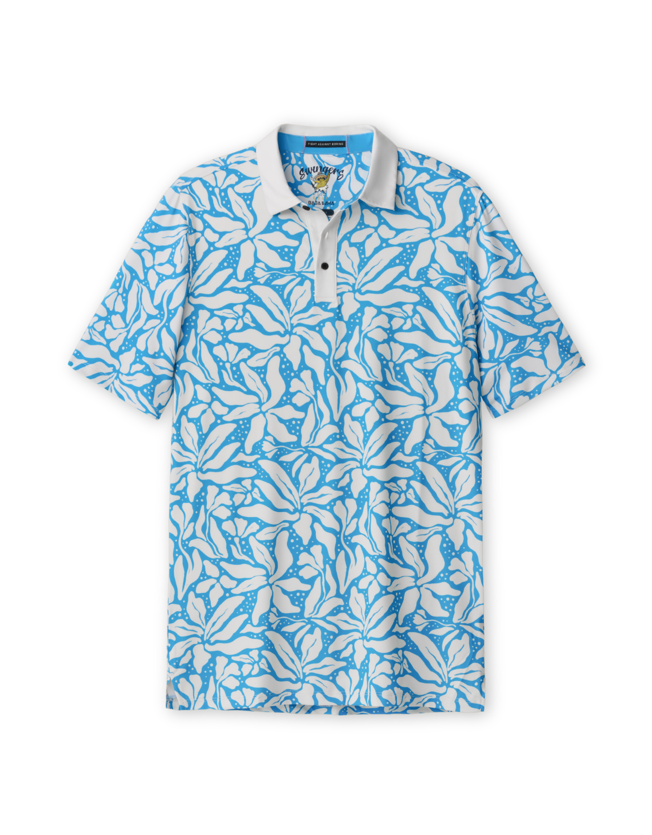 Men’s blue tropical performance golf polo front view