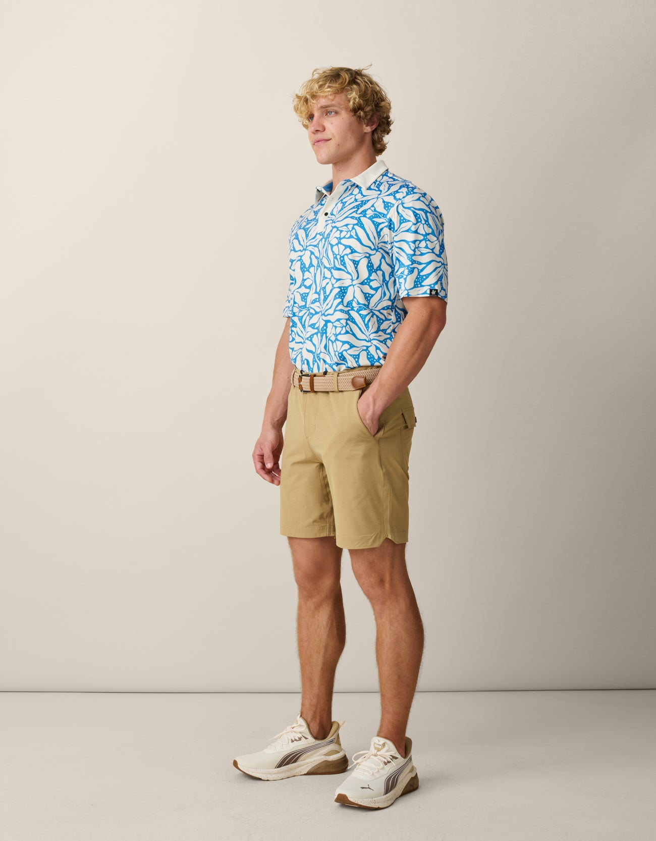 Summer golf polo with blue and cream print
