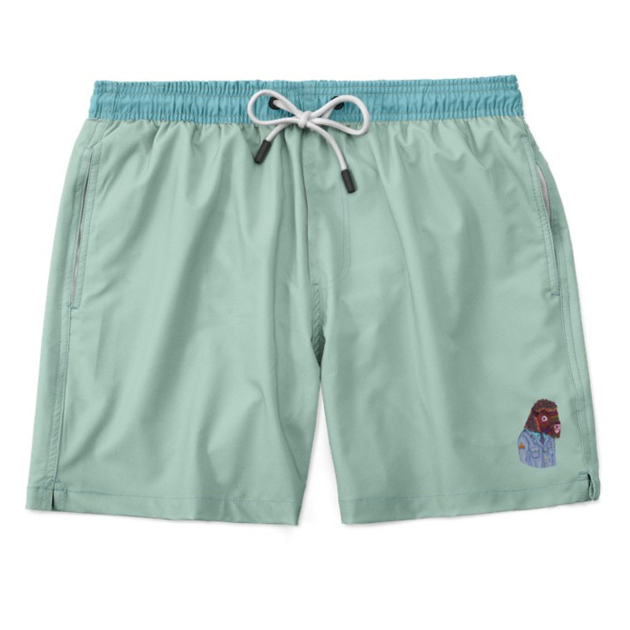 Solid green men's volley shorts featuring a logo-size print of buffalo in an officer's suit.