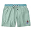 Solid green men's volley shorts featuring a logo-size print of buffalo in an officer's suit.